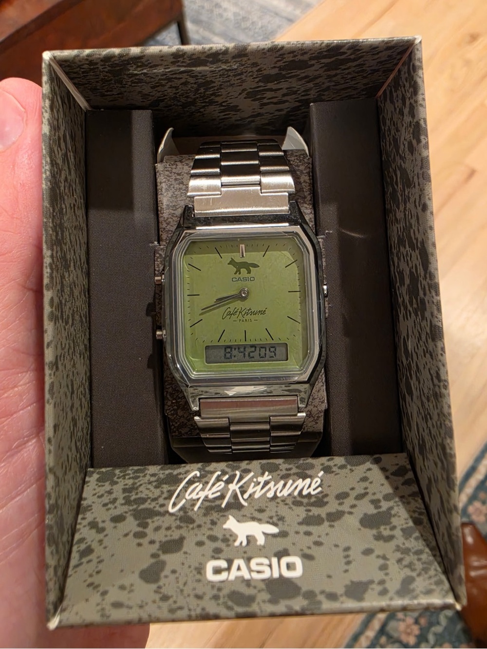 Casio Silver Watch with Green Dial and Stainless Bracelet